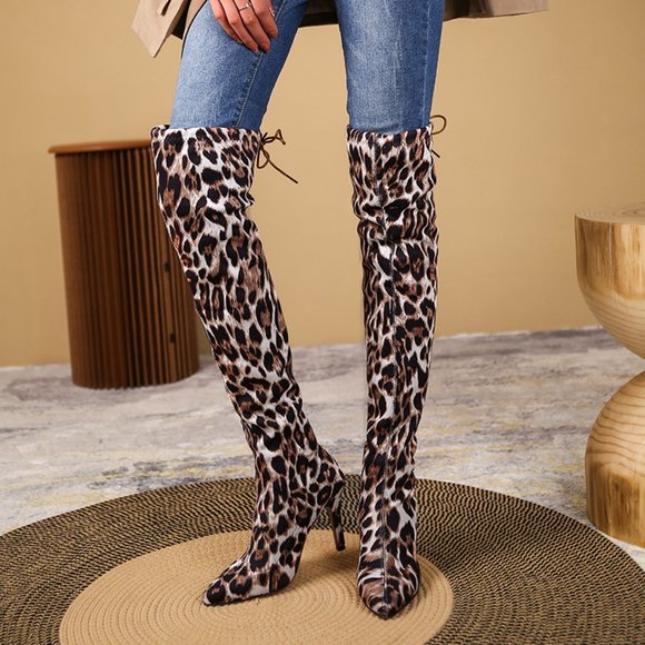 New Leopard Print Pointed Toe Sexy Stiletto Over Knee Stretch Boots - Picture 7 of 7